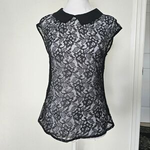 Express Elegant Black Lace Top with Collar Size Small